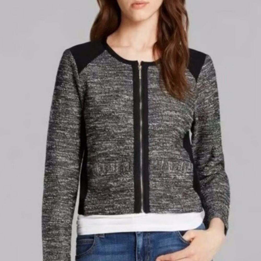 Eileen Fisher Tweed Zip Front Jacket Colorblock Knit Cardigan Medium M